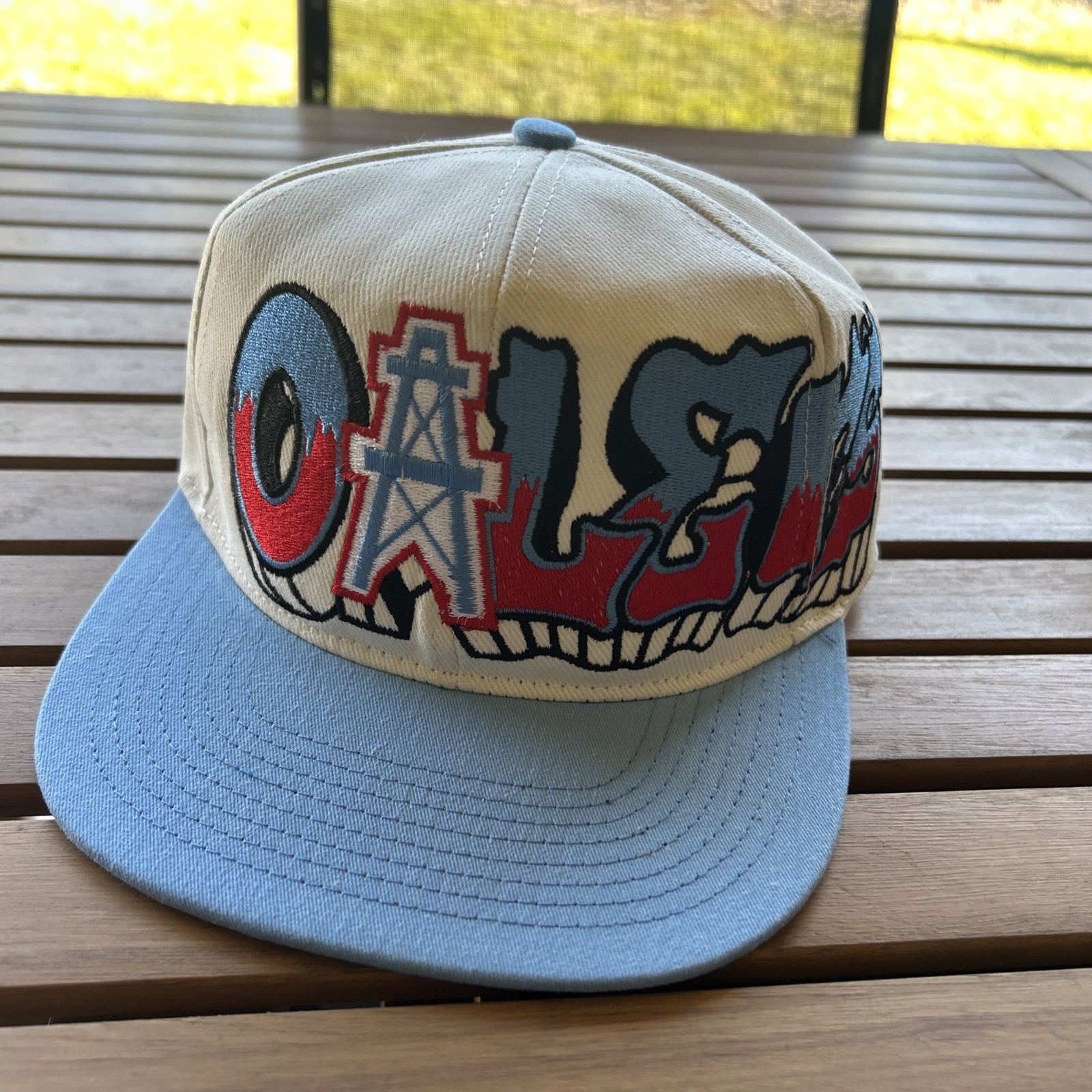 Houston Oilers Double Graffiti TOW Custom Snapback Hat Cap Cream Dome Two Tone