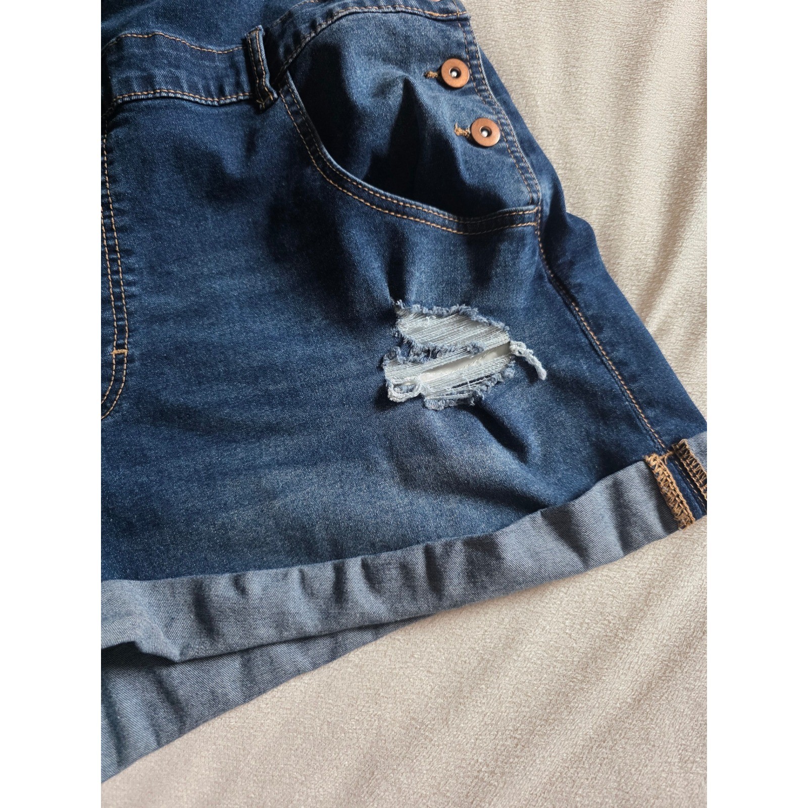 Womens Distressed Denim Shortalls Medium Wash Cuffed Jean Overalls