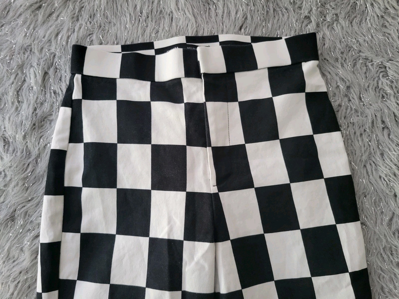 NEW Zara Checkered Pants Black White Large Block Ankle Cropped Straight Leg 5