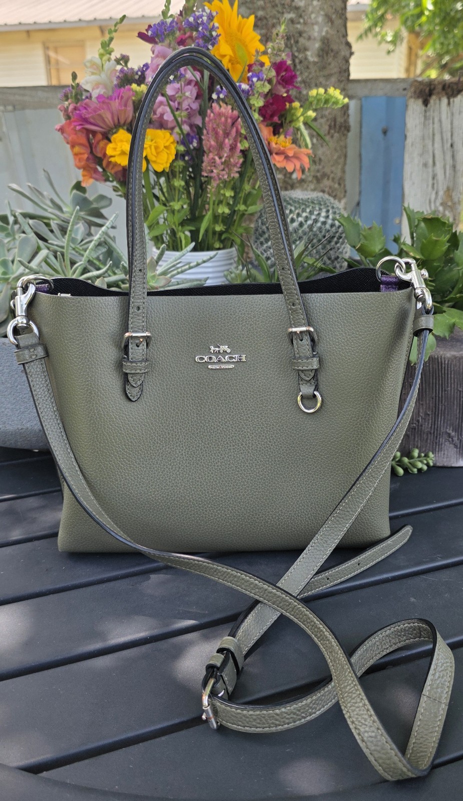 Coach Women’s Green Pebbled Satchel Top Handle Bag Zip, Purple Lined, Strap
