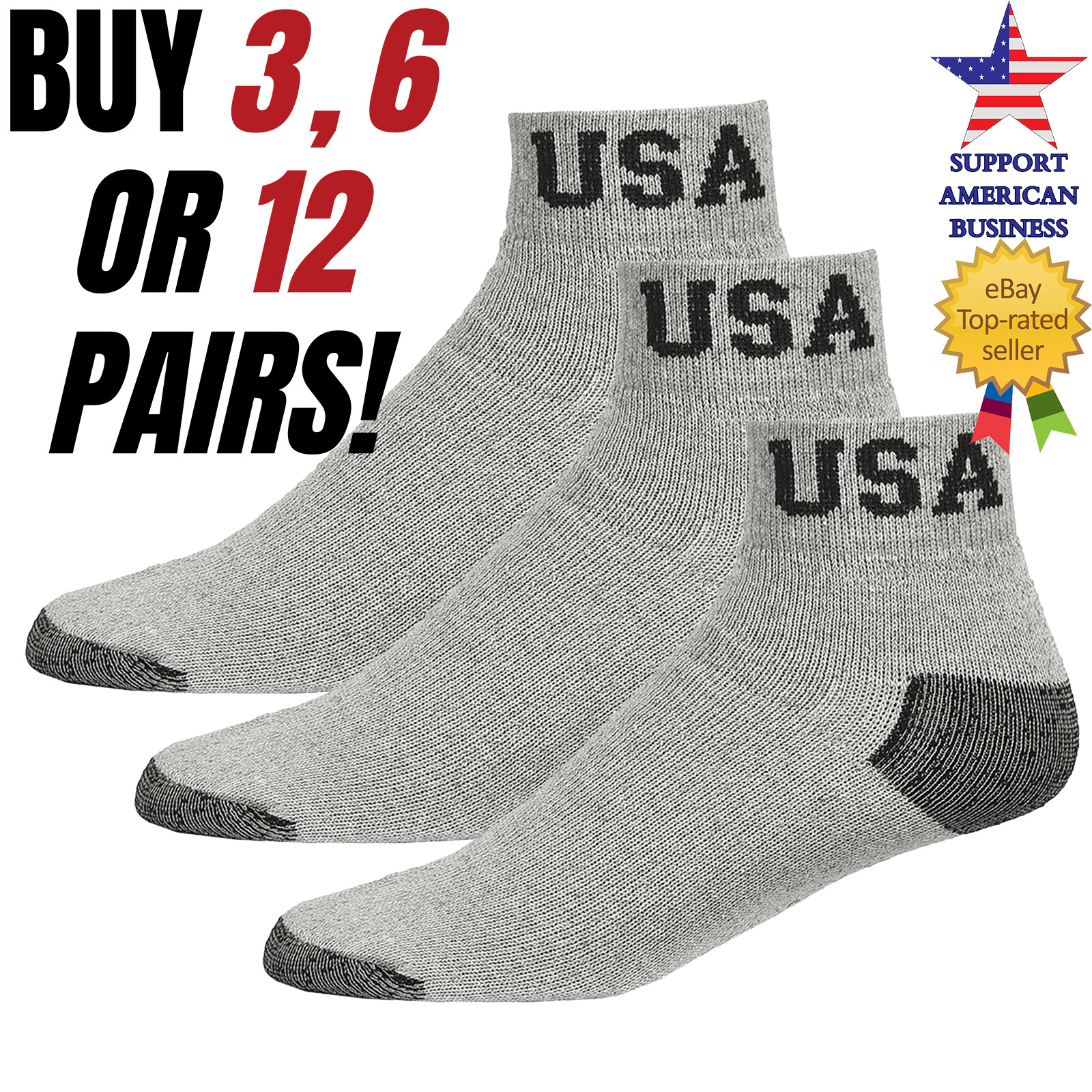 Mens Gray Ankle Sport Socks Quarter USA Cotton Work Size 9-11 10-13 Pack Lot