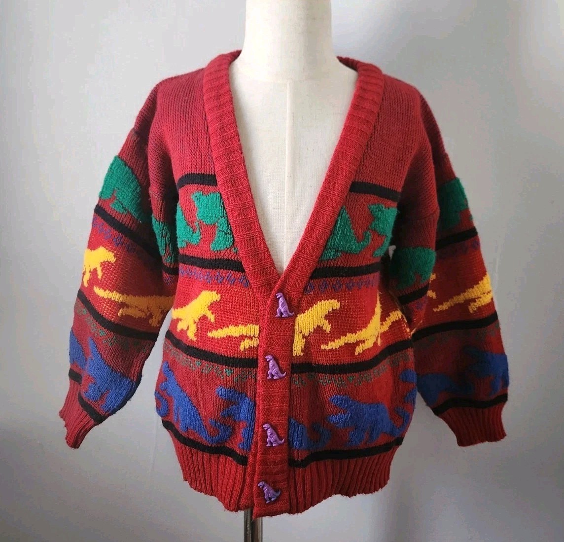 WAY COOL Kids Dinosaur Long Sleeve Knit Cardigan Multi Dino Buttons Size L (7)
