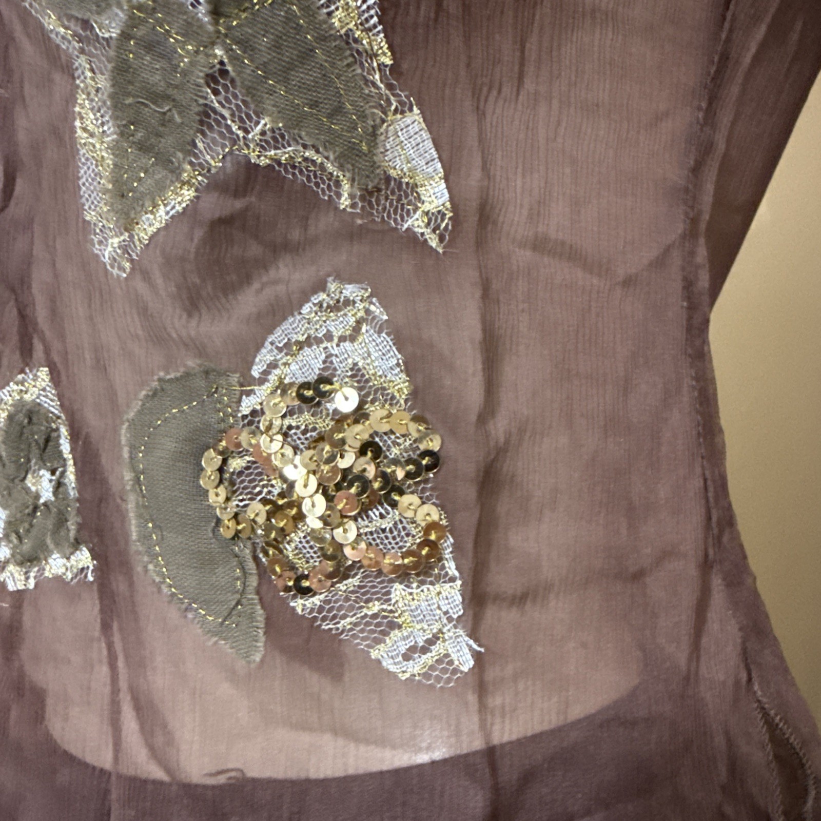 Women’s Brown Silk Casual Summer Sheer Beaded Embroidered Lace Size S Blouse Top