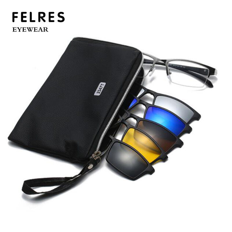 5pcs Clip-on Sunglasses Metal Eyeglass Frame Men Magnetic Polarized Glasses