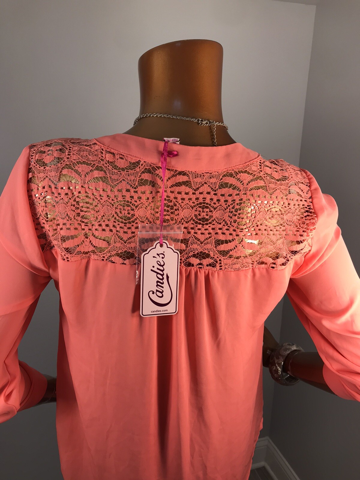 Candie’s L Top Lace Mesh Yoke NWT $38 Coral 1/2 Button Up Shirt Blouse Low V Cut