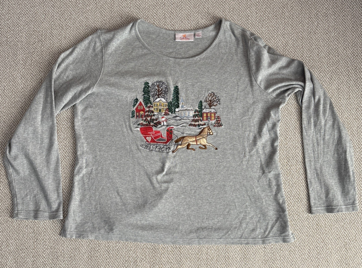 Womens Quacker Factory Winter Scene Embellished Size Large Christmas Top