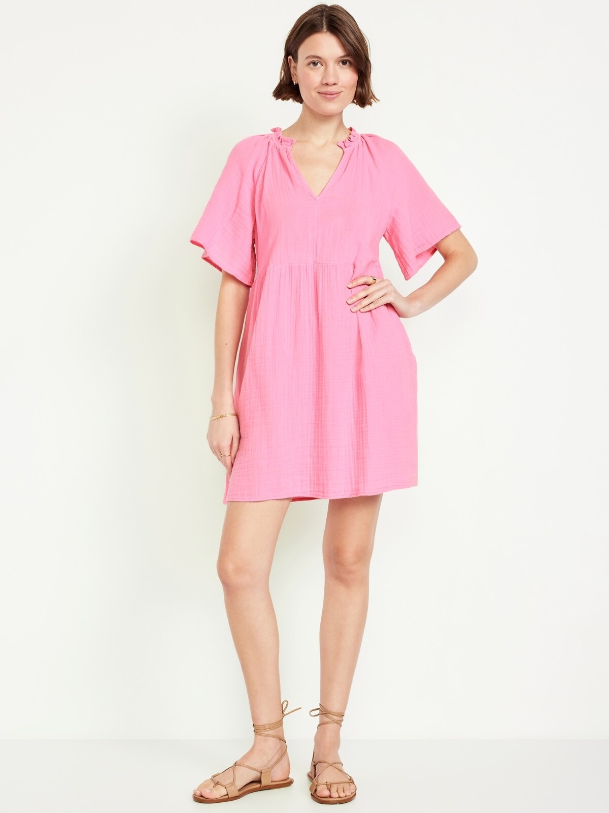 Old Navy Split-Neck Crinkle Gauze Mini Swing Dress Pink Many Sz NEW