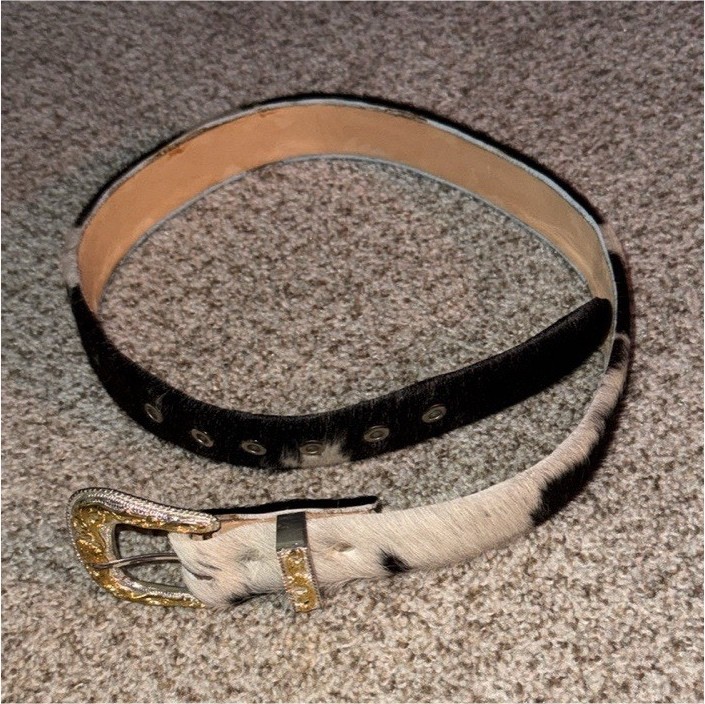Women’s Cow Print Faux Fur Fashion Belt, Gold Buckle, Adjustable, M
