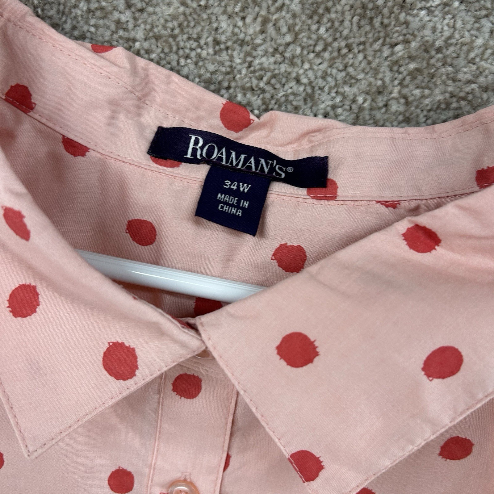 NWOT Roman’s Women’s Button Front Shirt Size 34W Pink Red Polka Dot Blouse Plus