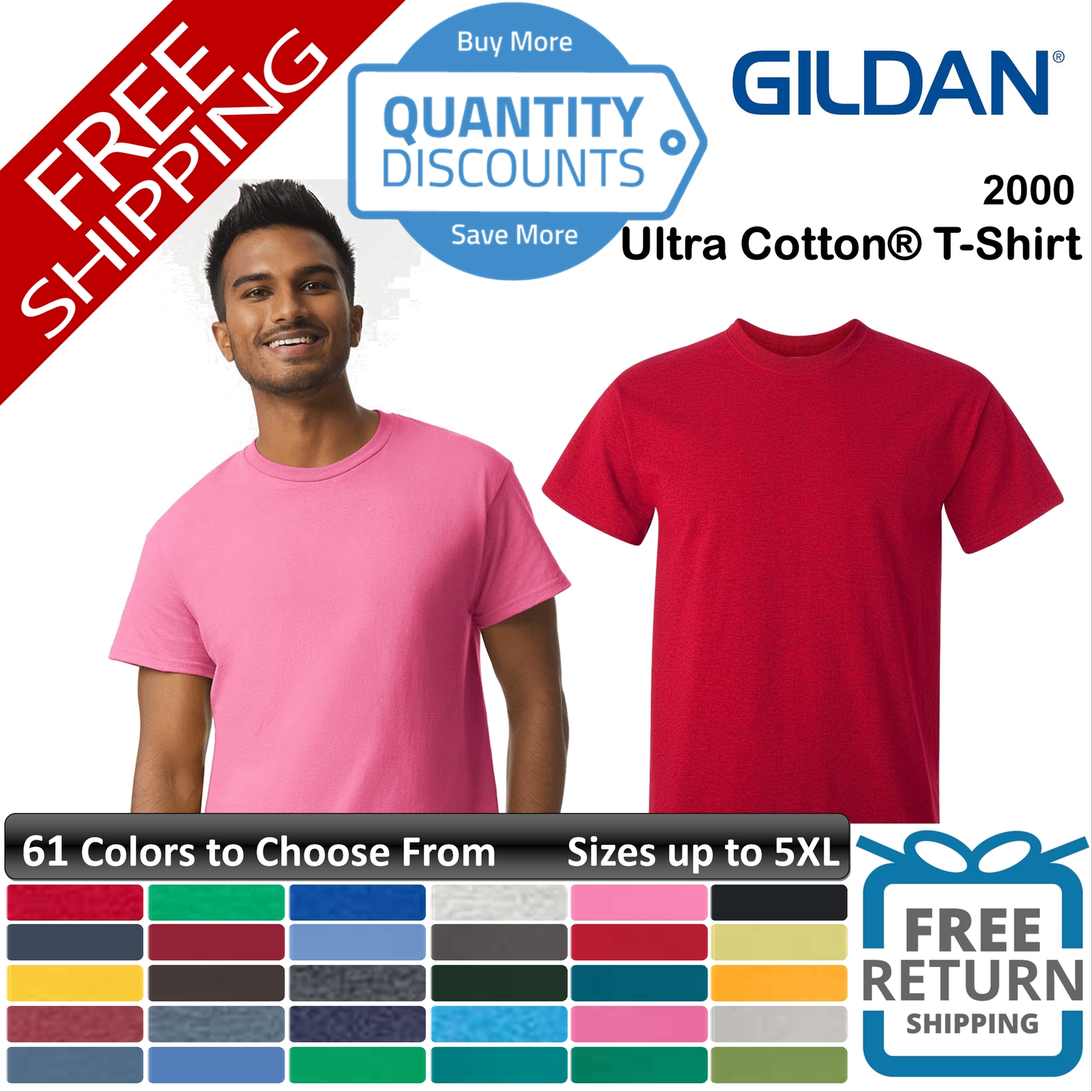 Gildan Men Ultra all Cotton & Blends T-Shirt Classic fit Up To 5XL 2000a