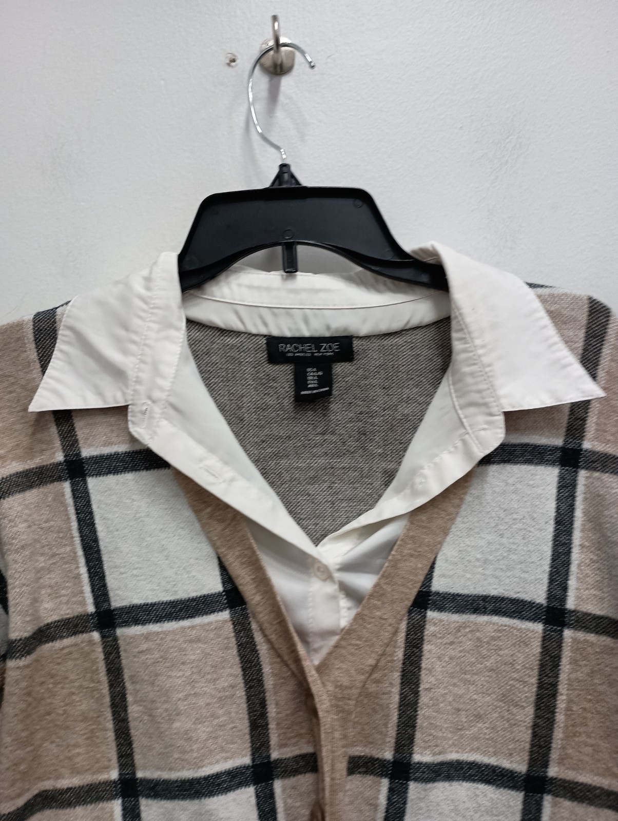 Rachel Zoe Twofer Sweater Womens Large Beige White Plaid Preppy Office Pullover