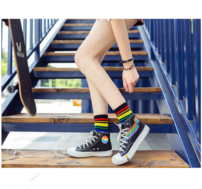 Women Socks Striped Cotton High Ankle Crew Sock Pride Stocking Rainbow Triangle