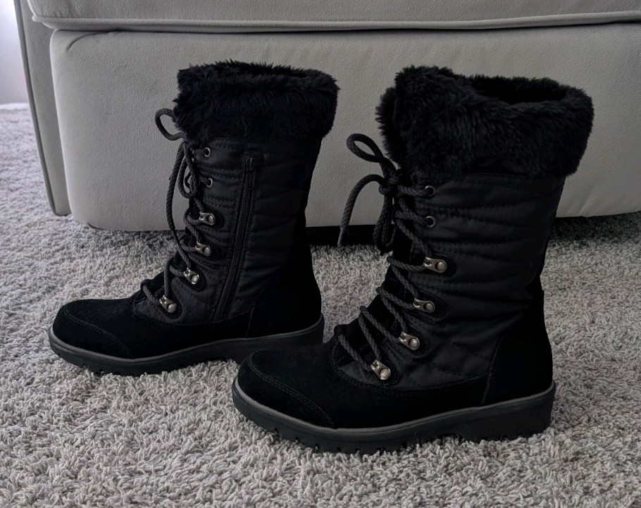 Baretraps Black Leather Faux Fur Trim Lace-Up Mid-Calf Round Toe Boots 6.5M