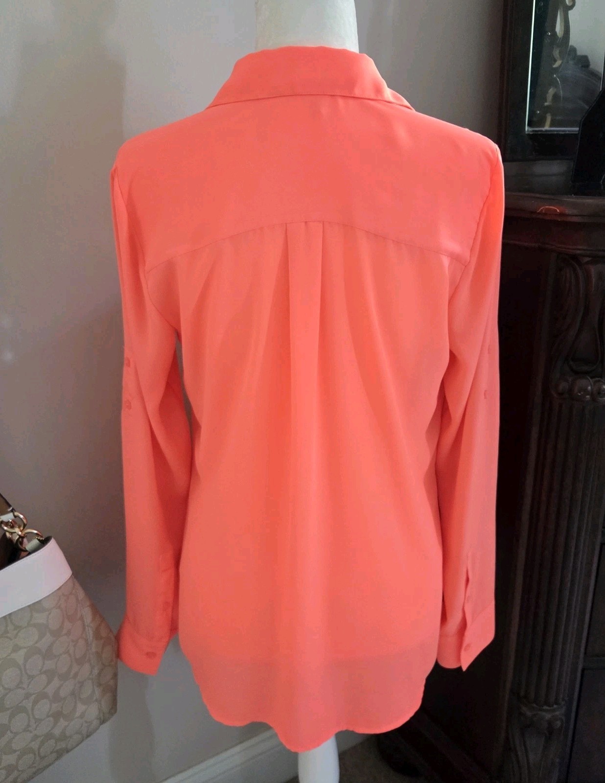 Express Bright Orange Portofino Button Down Roll Tab Sleeve Blouse Top Size Med