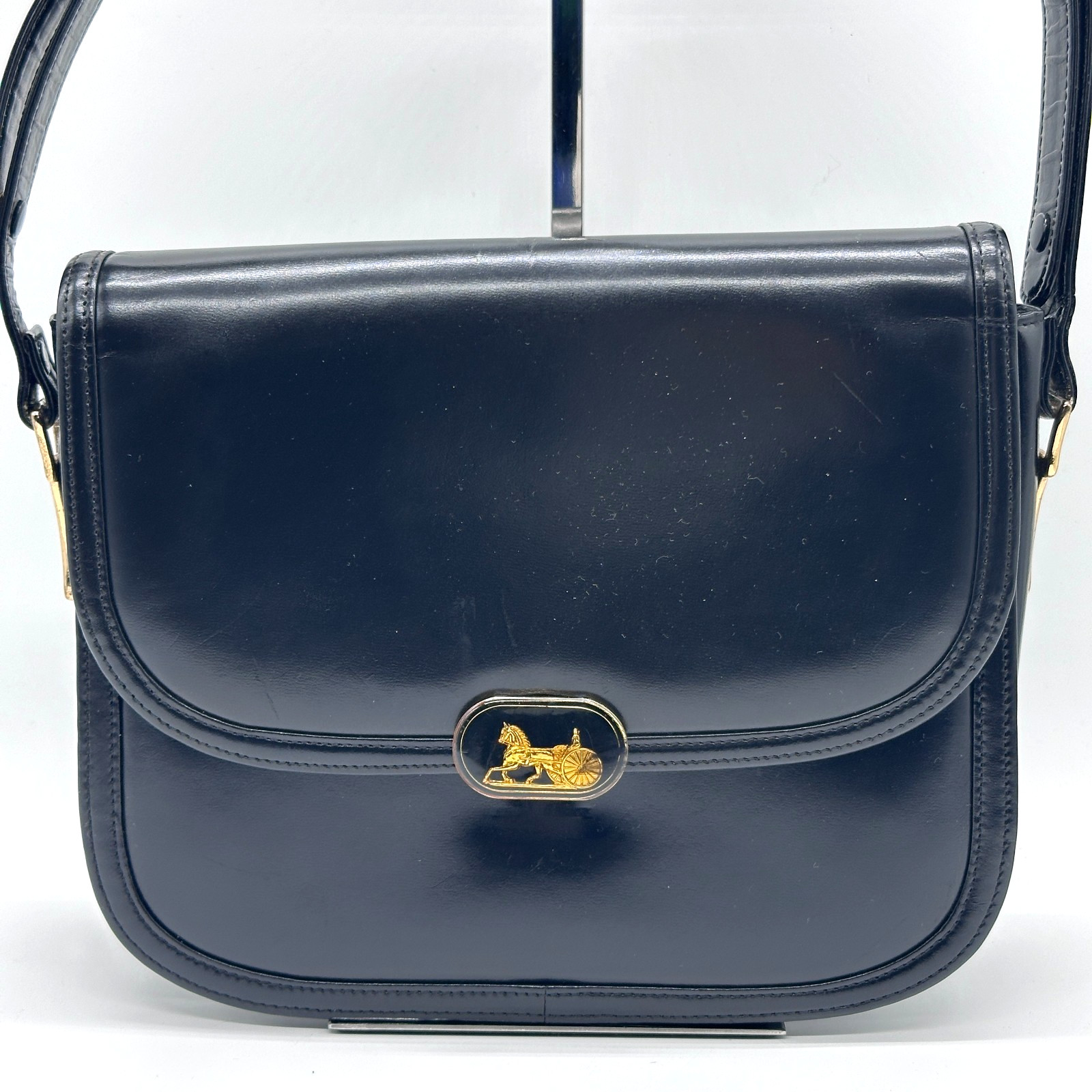 CELINE Shoulder Bag Handbag Horse Black Leather Carriage Purse Vintage Authentic