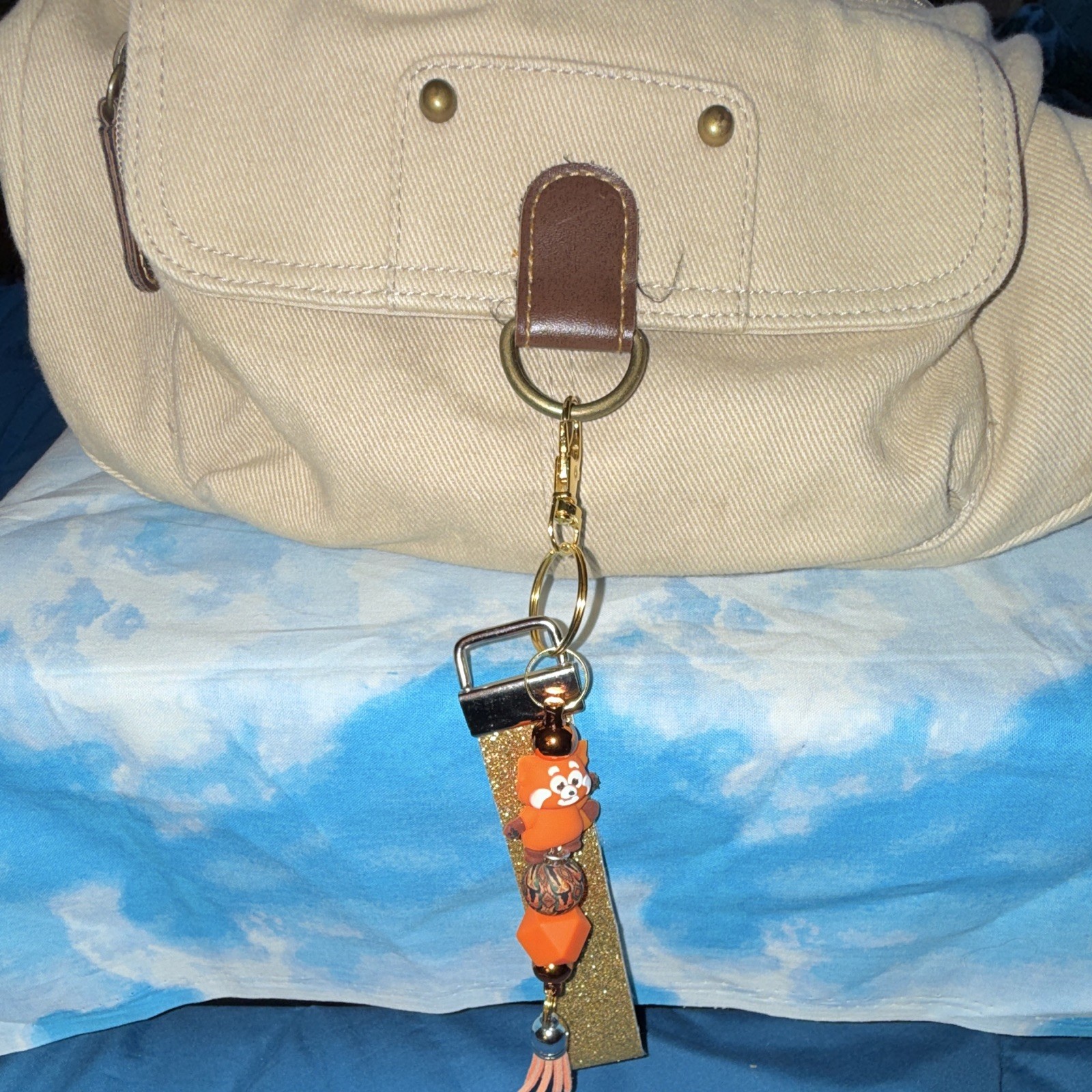 Gold Glitter Strap Red Panda Beaded Tassel Key Chain/Bag Charm w/Keyring