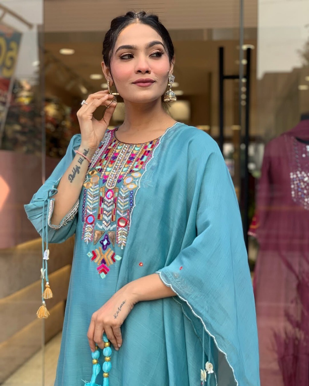 Indian Women Chanderi Silk Anarkali Kurta Pant Dupatta Set Kurti Salwar Kameez