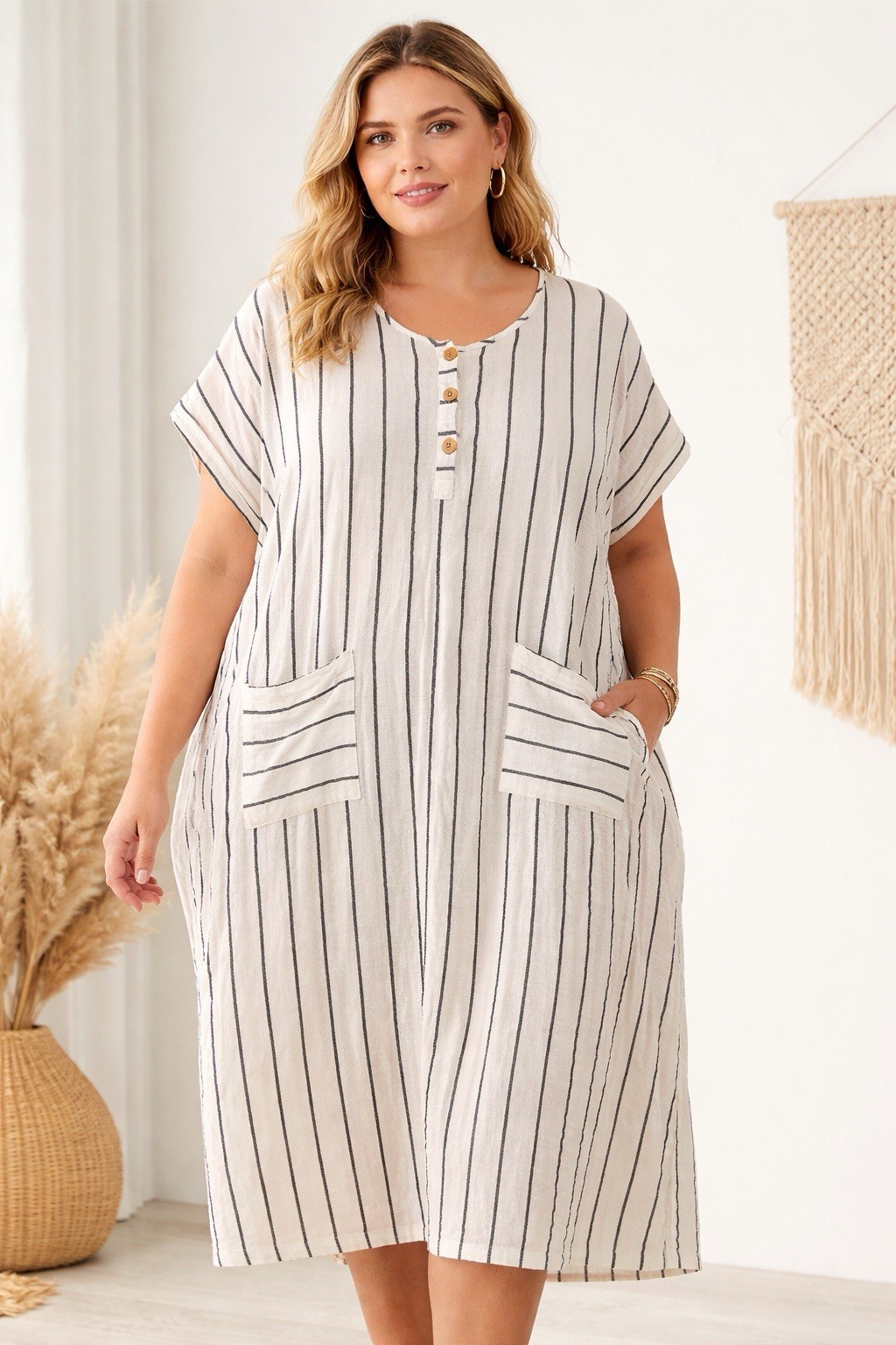 Striped Gauze Midi Dress Oversized Plus Size Pocket Coastal Lagenlook The buyer