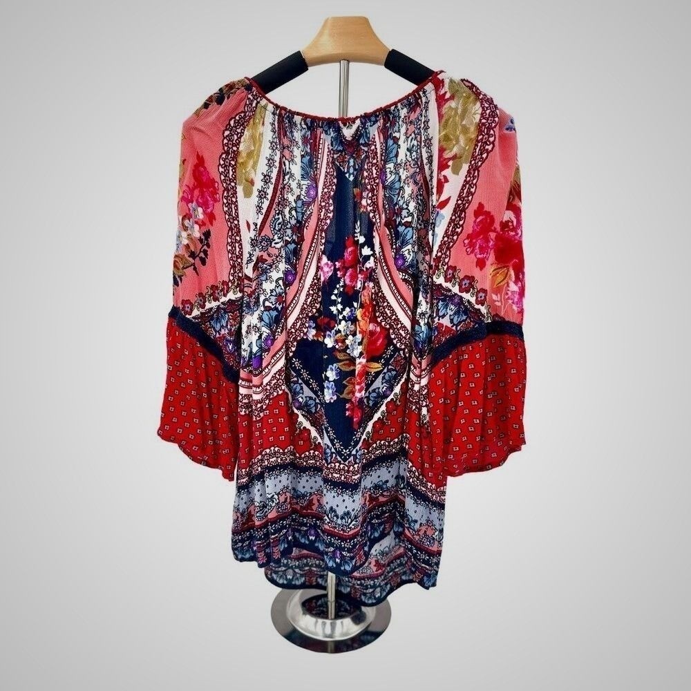 BillaBong Boho Floral Paisley Peasant Blouse Red Pink Navy Bell Sleeve Top