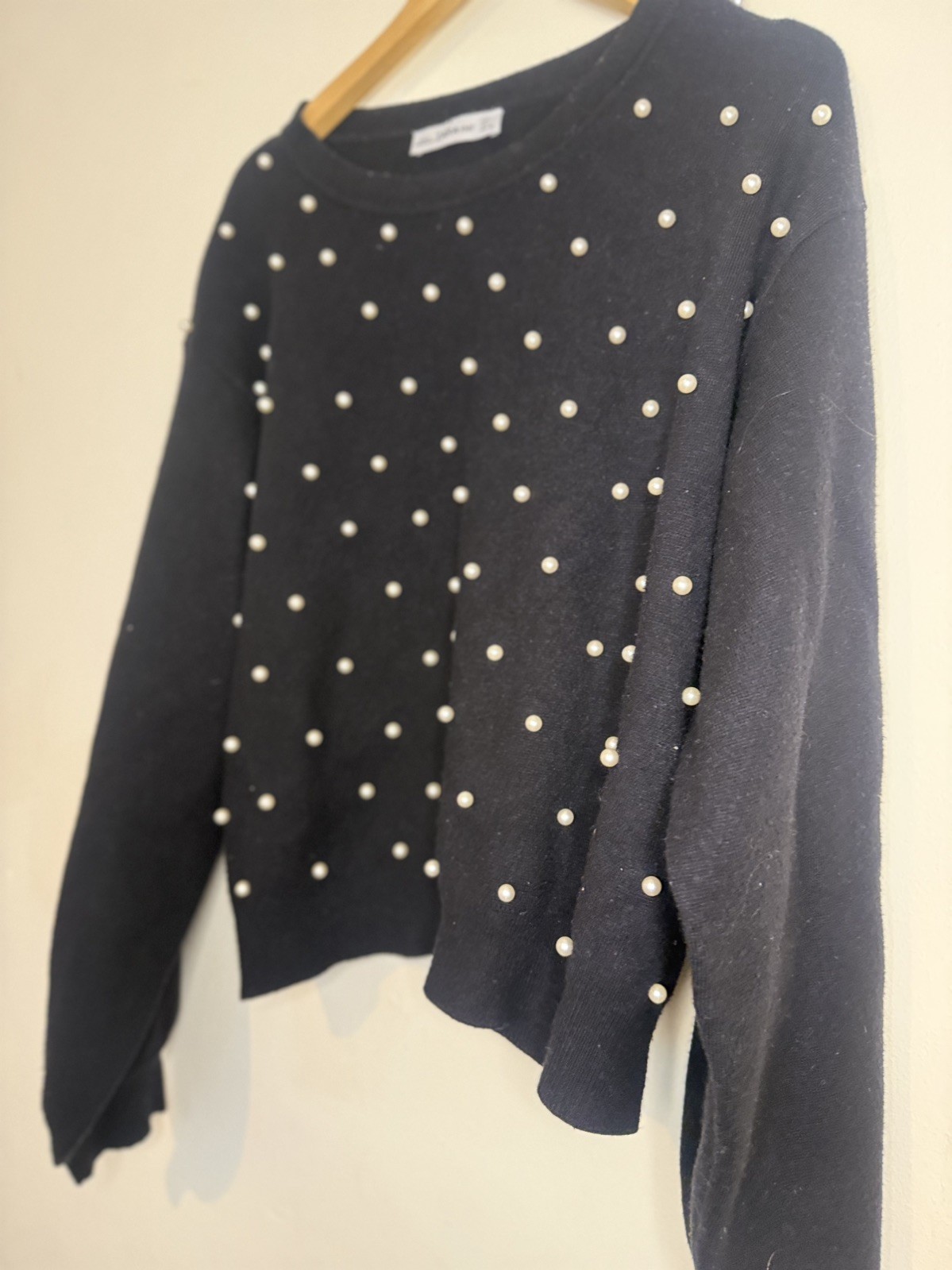 ZARA Black Pearl Embellished Knit Sweater Women’s Large L Balloon Sleeve Jumper