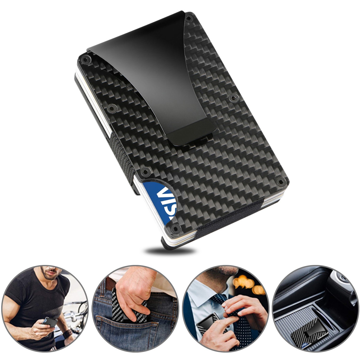 Men’s RFID Blocking Slim Money Clip Carbon Fiber Wallet ID Credit Card Holder