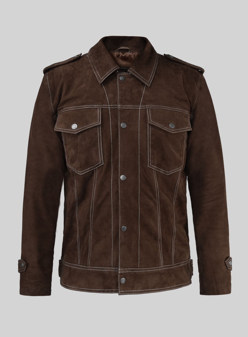 Men Brown Suede Leather Jacket Contrast Stitch Trucker Western Military Coat New