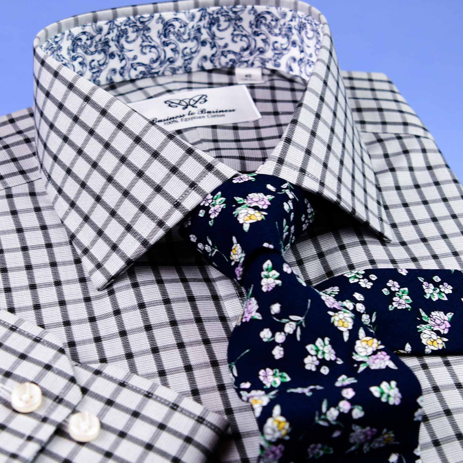 Grey Black Check Dress Shirt Formal Business Floral Paisley Barrel Button Cuff