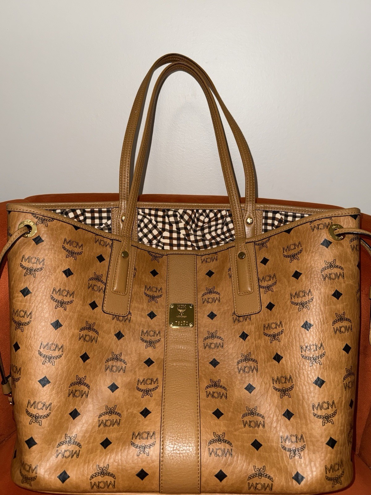 MCM Monogram Brown Tote Bag w/ Pouch, Logo Accents, Inner Pockets, Gold HW