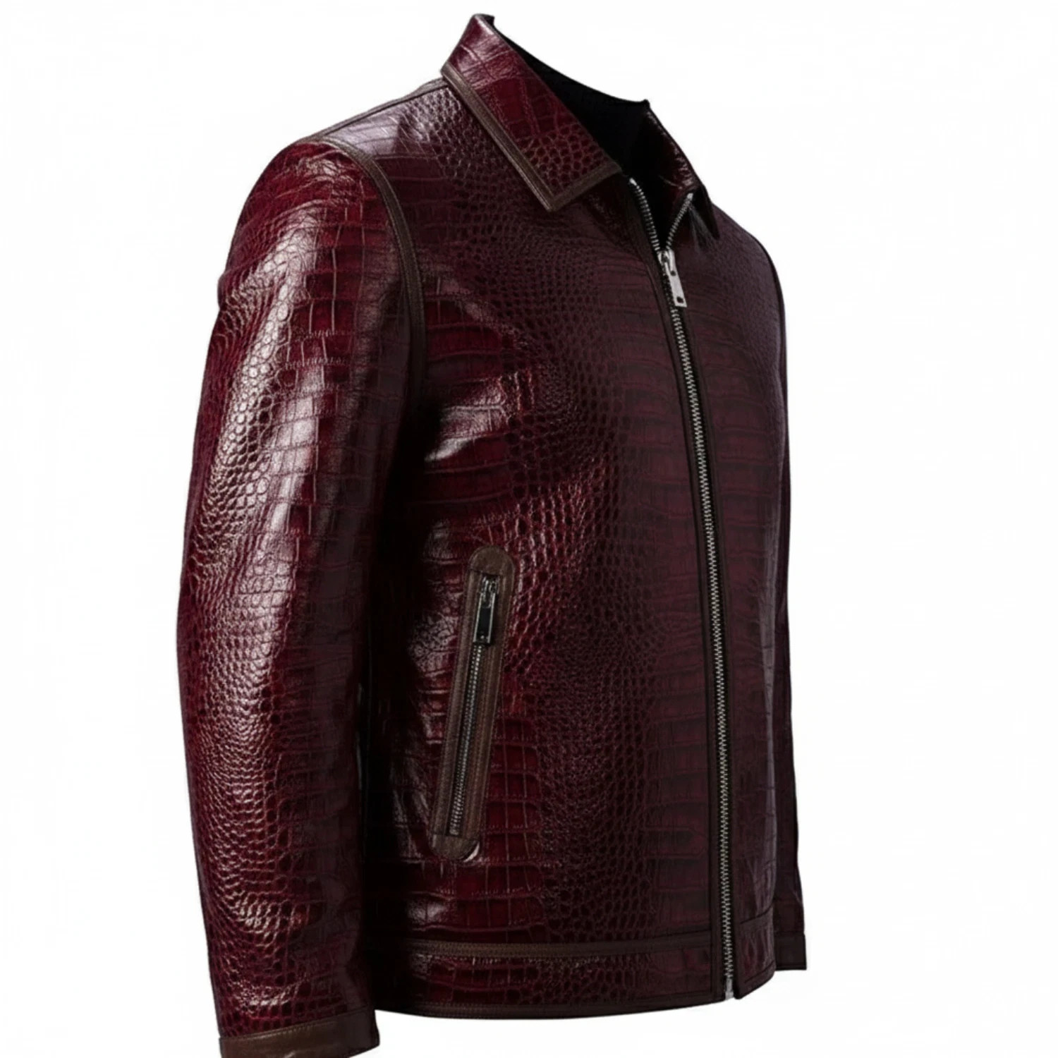 Men’s Burgundy Crocodile Embossed Leather Jacket Luxury Exotic Zip Biker Coat