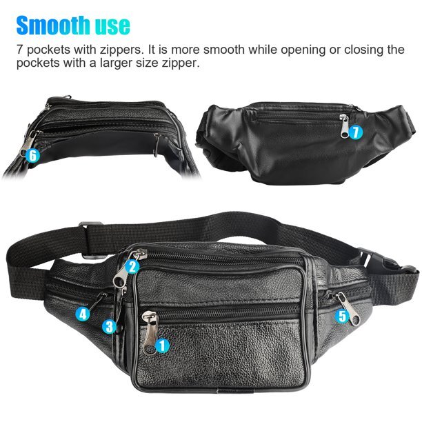 Fanny Pack Black Genuine Leather Waist Bag Travel Purse Hip Belt Carry On Pouch