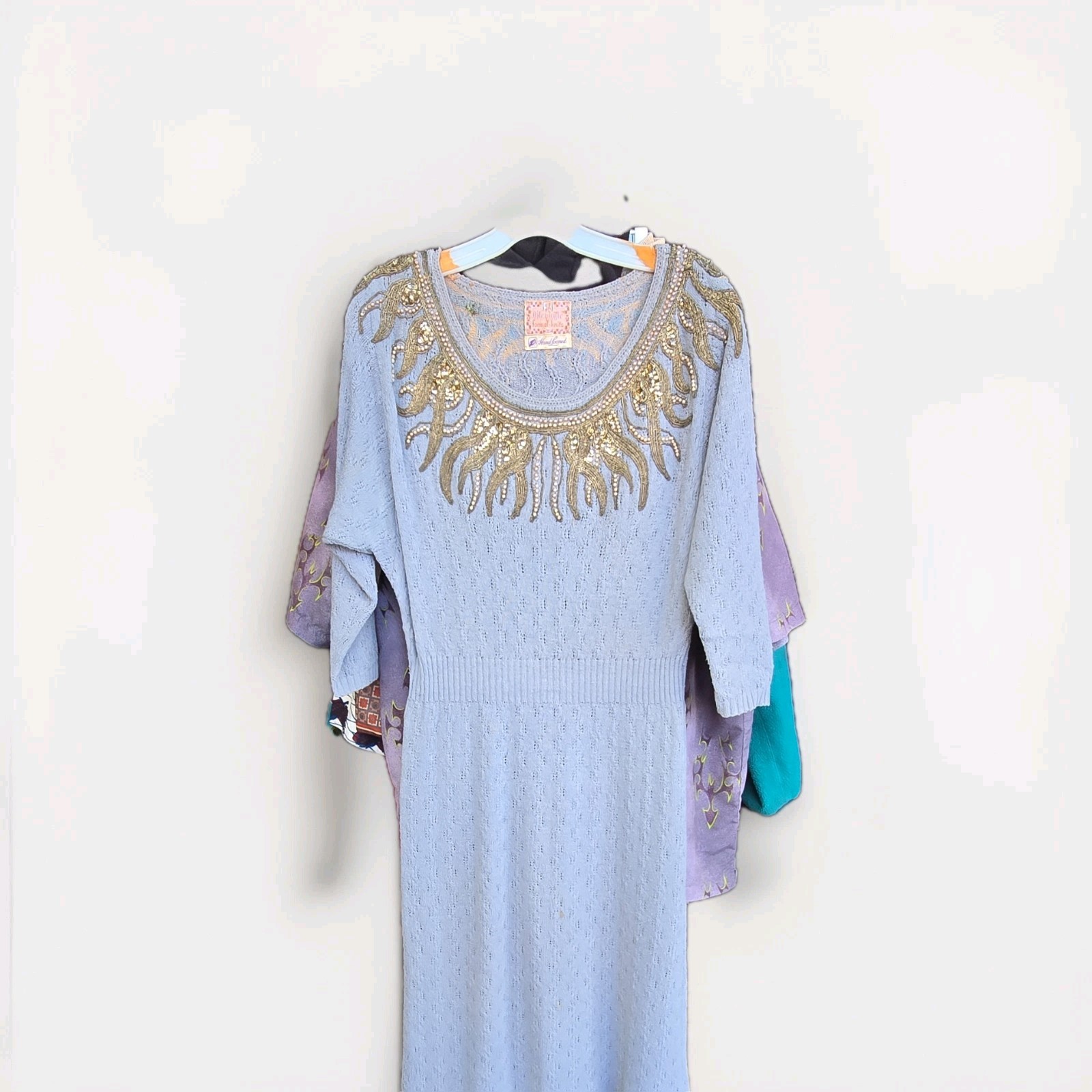 Antique 50s Glengyle Hand Loomed Knit Sweater Dress Light Blue Gold Sequins
