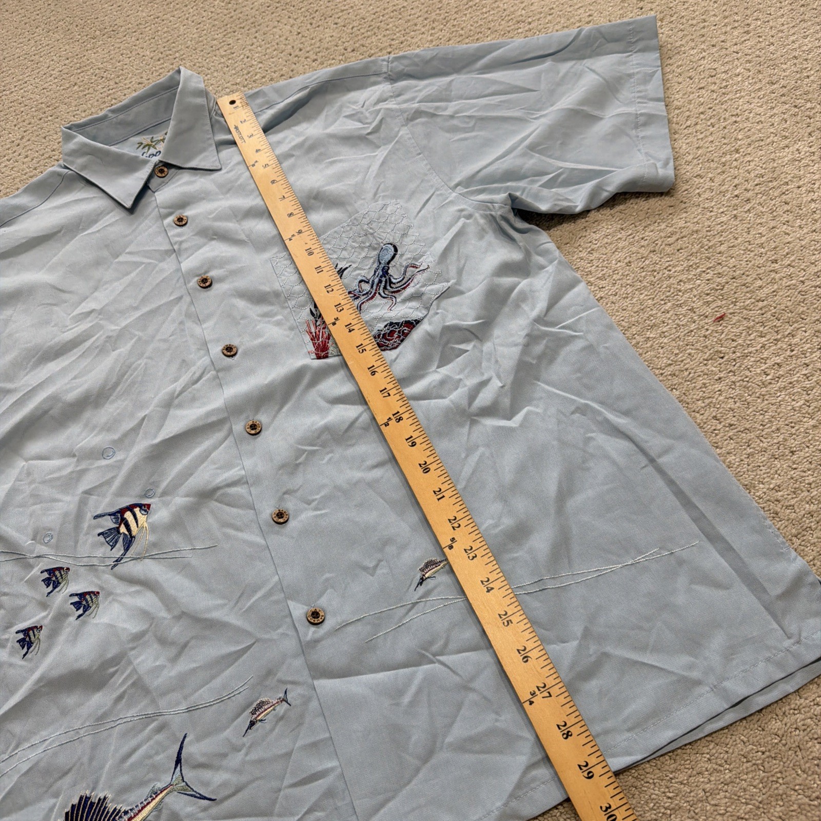 Bamboo Cay Shirt L Blue Hawaiian Fishing Marlin Embroidered Beach Vacation
