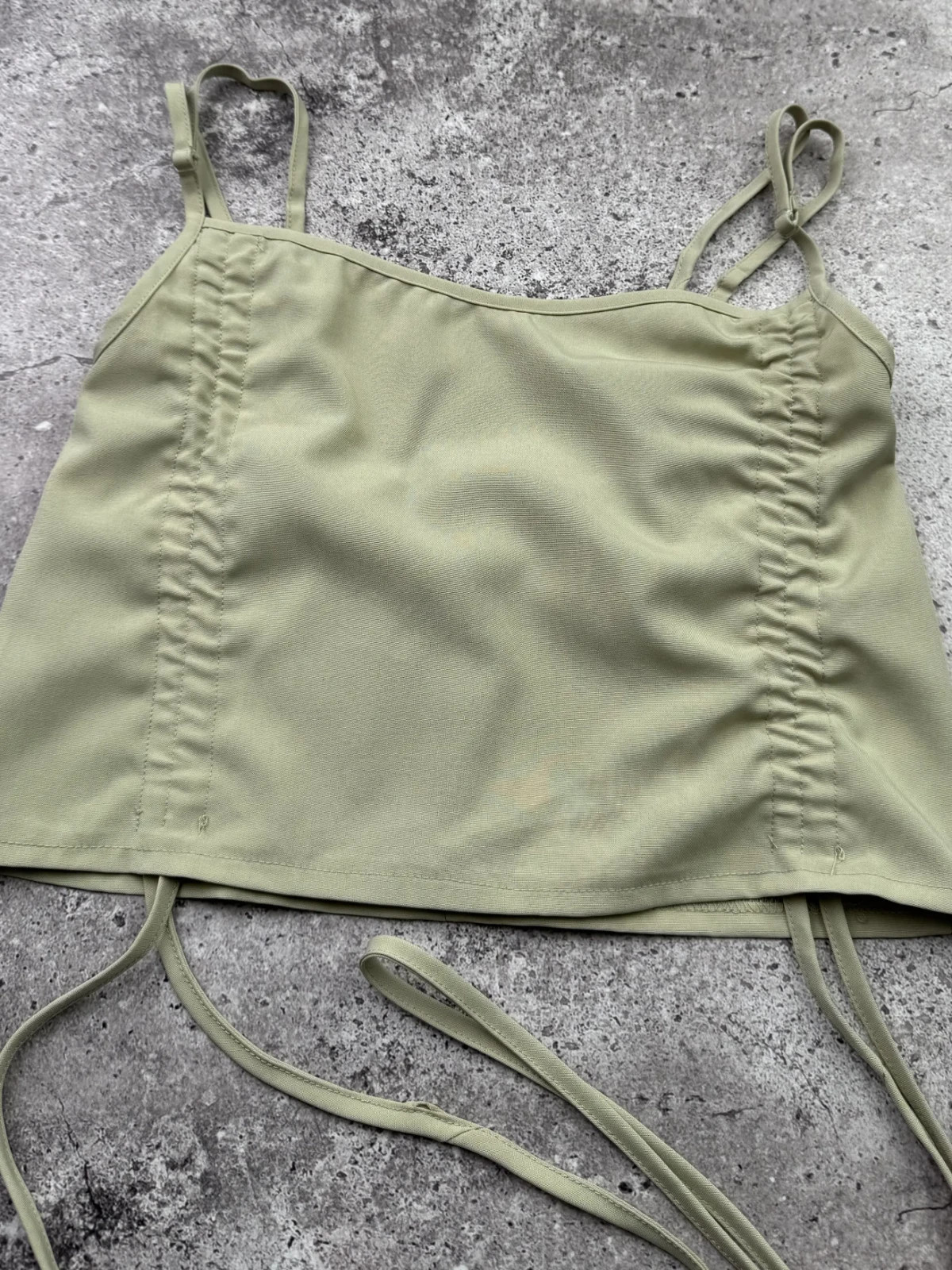 Y2K Women’s Olive Green Cami Tank Top Ruched Tie Side Crop Camisole Vintage