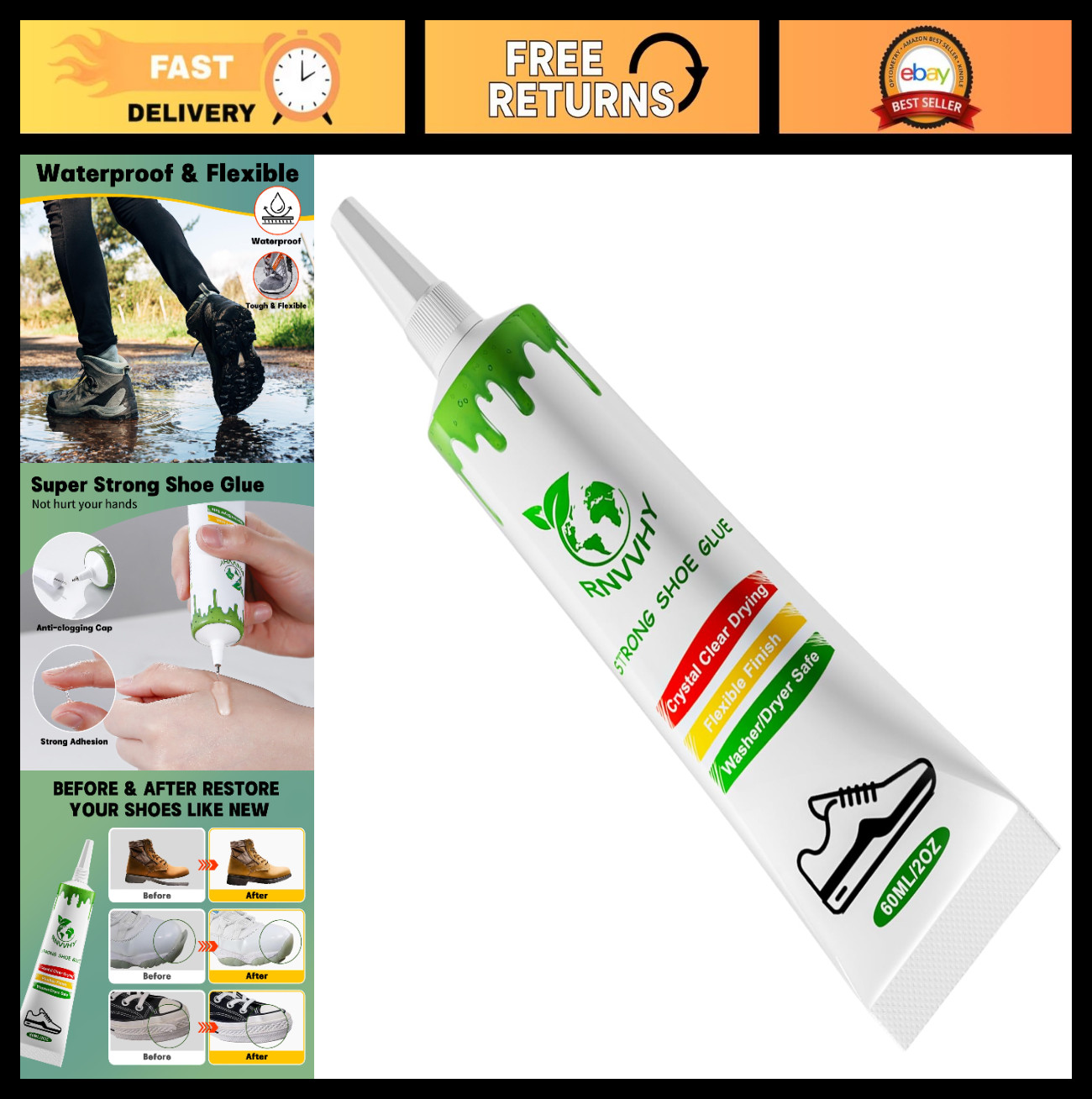 Heavy Duty Shoe Glue for Sole Repair – Waterproof, Clear, Flexible Adhesive for