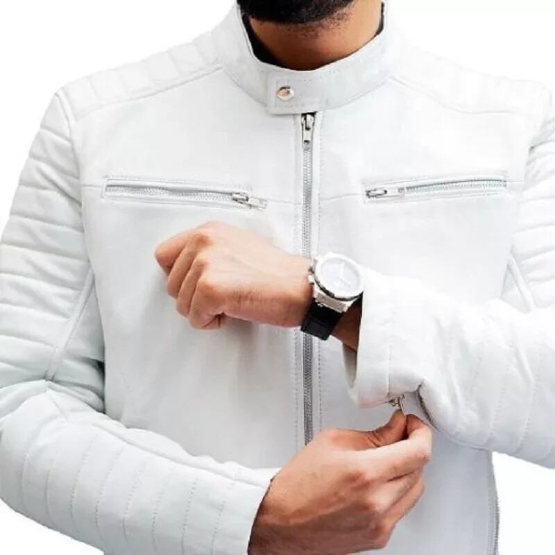Men White Leather Jacket Authentic Real Lambskin Leather Motorcycle Biker Jacket