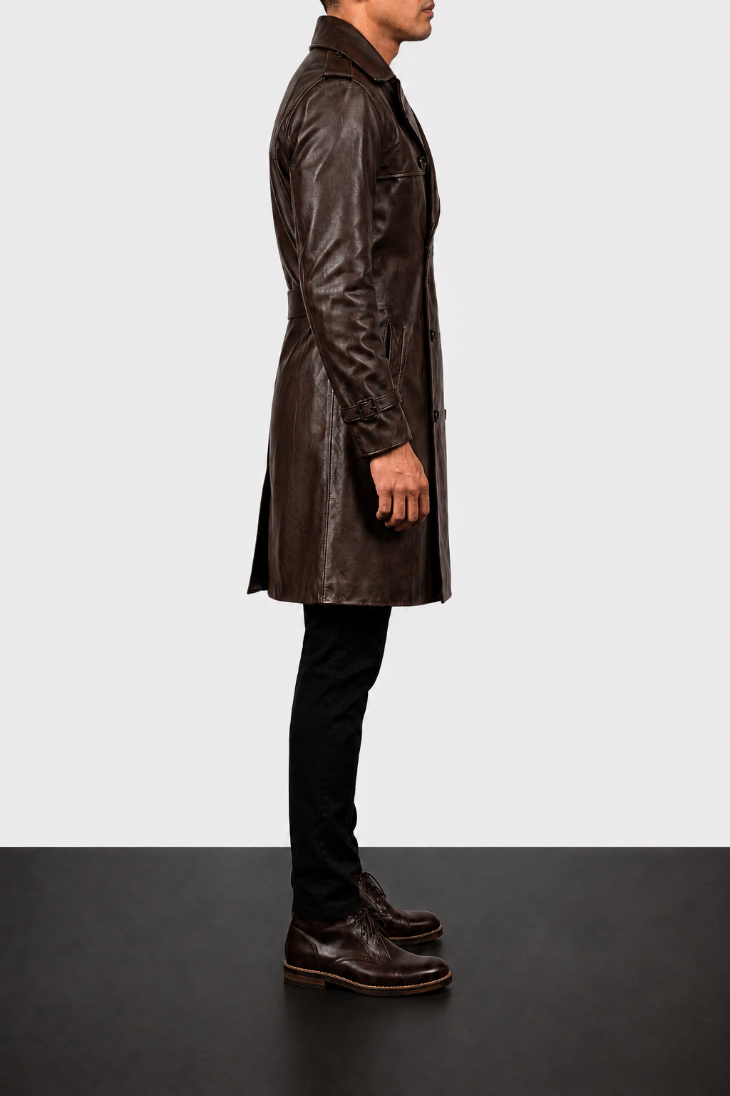 Mens Brown Leather Trench Coat – Long Jacket Double Breasted Winter Classic Coat