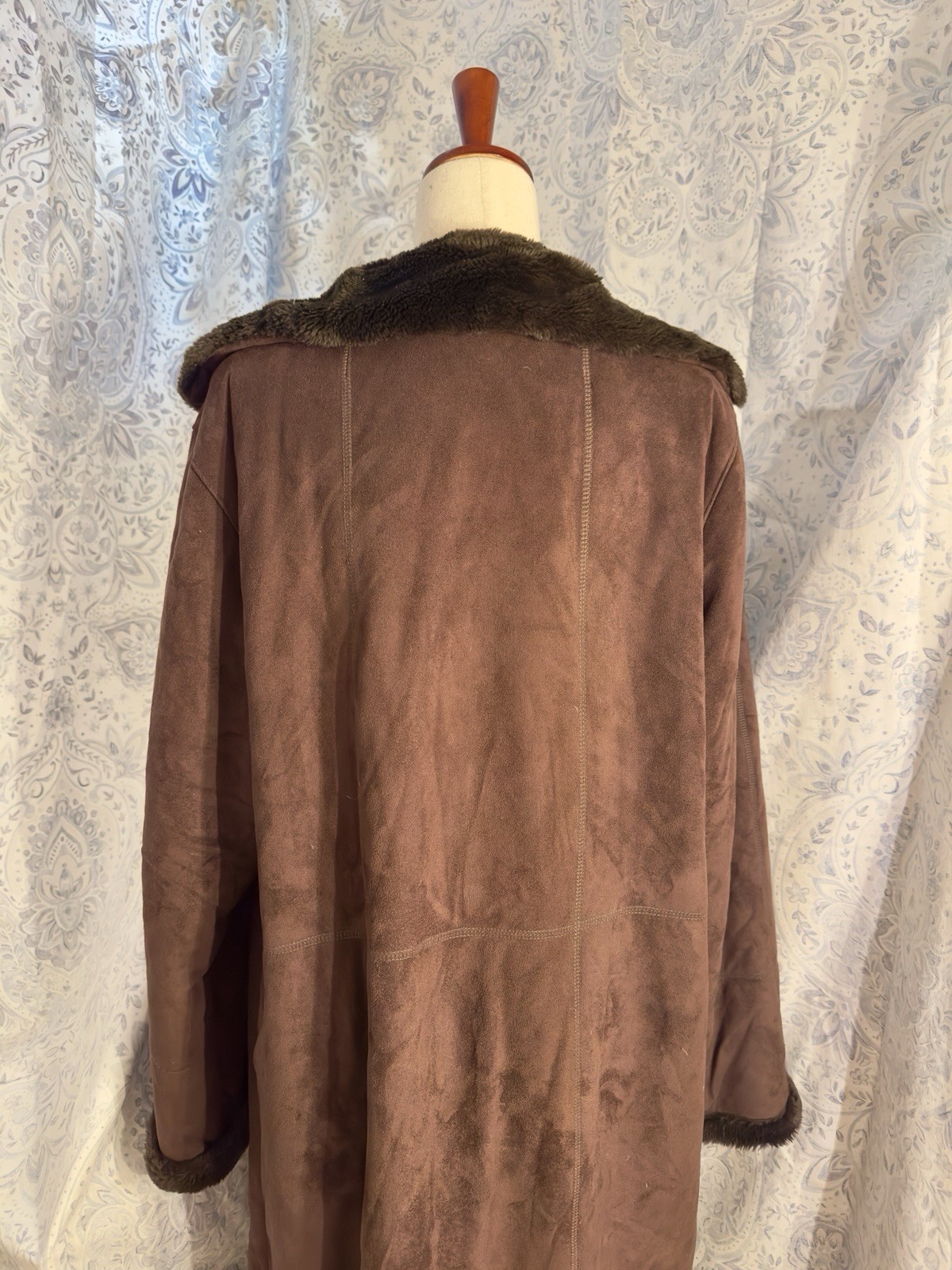 Vintage Chocolate Brown Faux Shearling Suede Maxi 70’s Style Coat Size XL