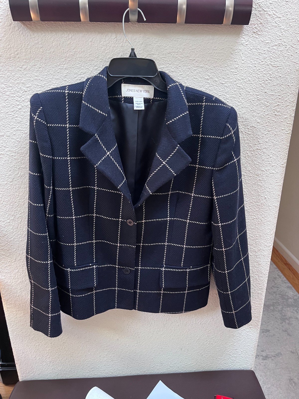 Jones New York Blazer Womens Navy Windowpane Check 100% Wool Lined Notch Lapel M