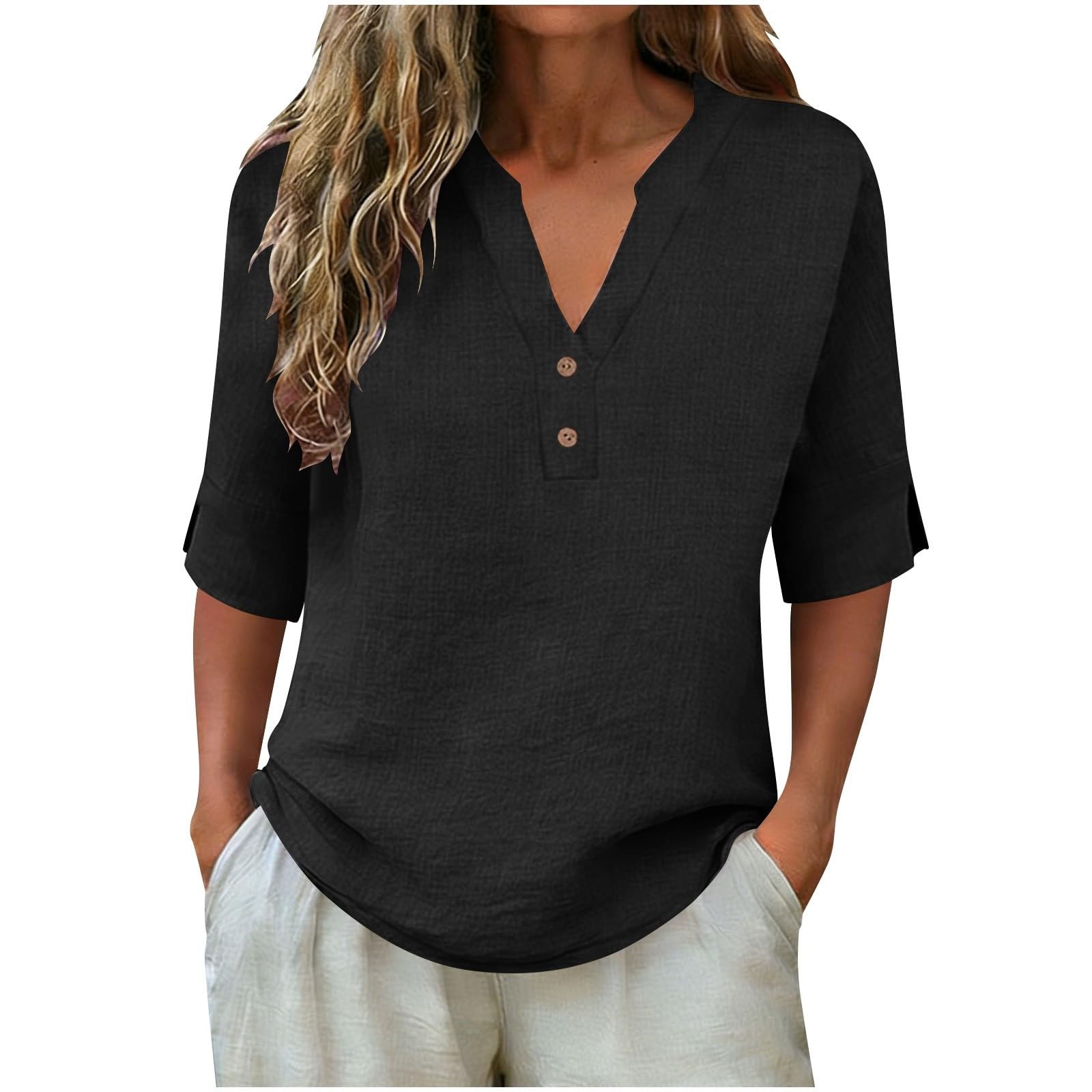 Women Loose Fit Summer Sleeve Neck Button Top 3/4 Linen Down Shirt