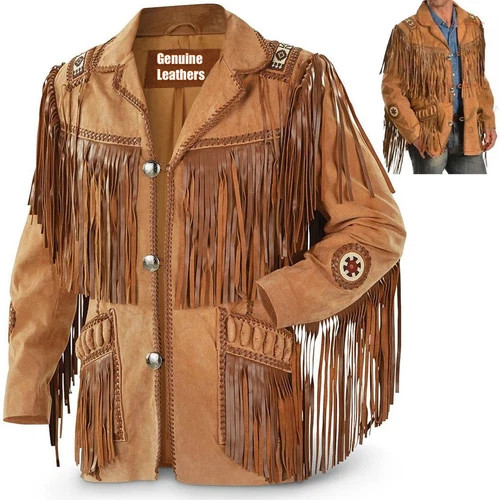 Men Western Cowboy Suede Fringe Jacket Beaded Native American Jacket Leather SL