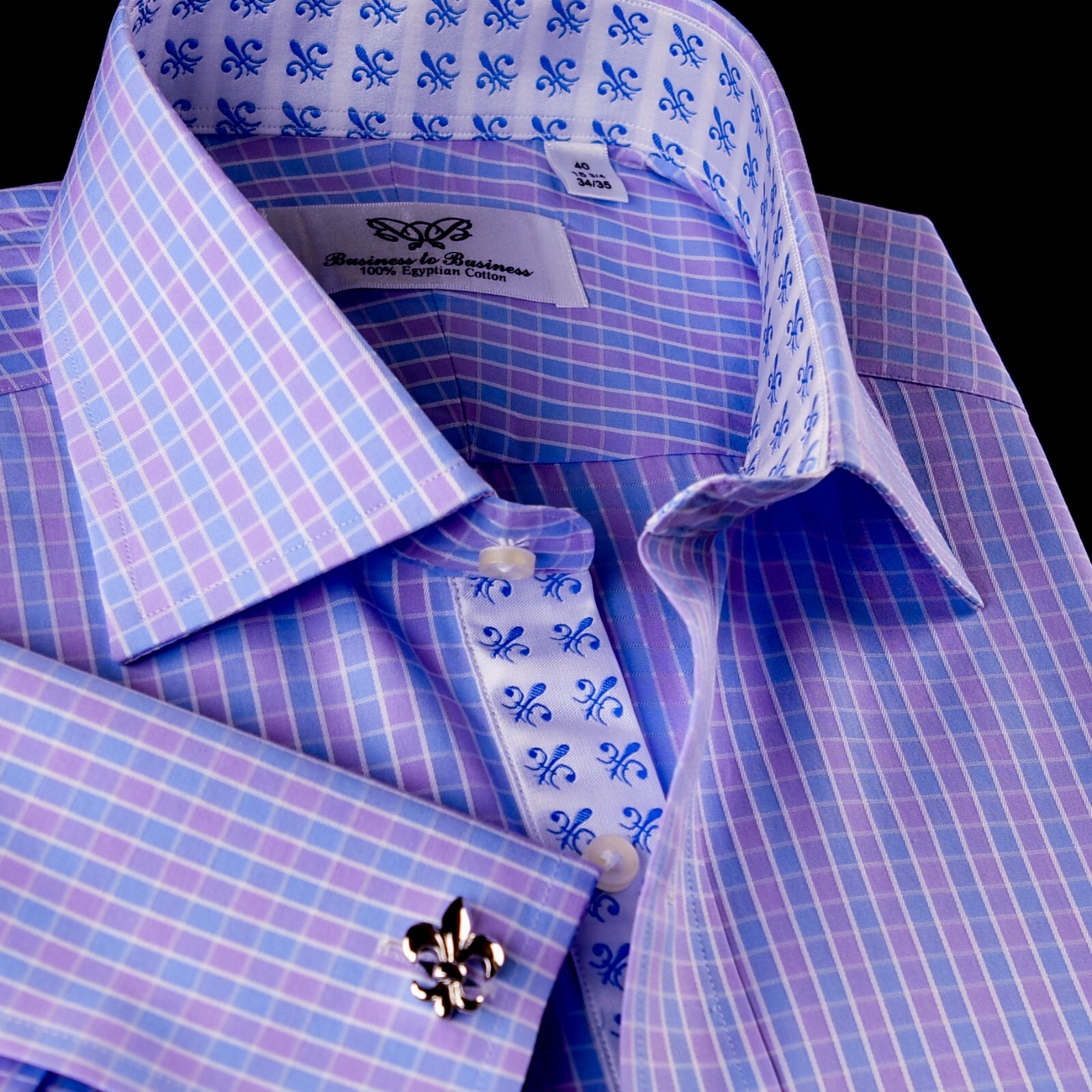 NEW Arrival Purple Blue Check WIth Blue Fleur-De-Lis Dress Shirt French Cuffs
