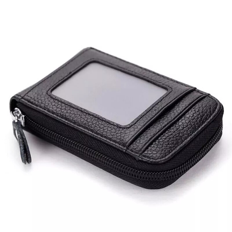 Leather Credit Card Holder RFID-Blocking Zipper Pocket Wallet with ID Window