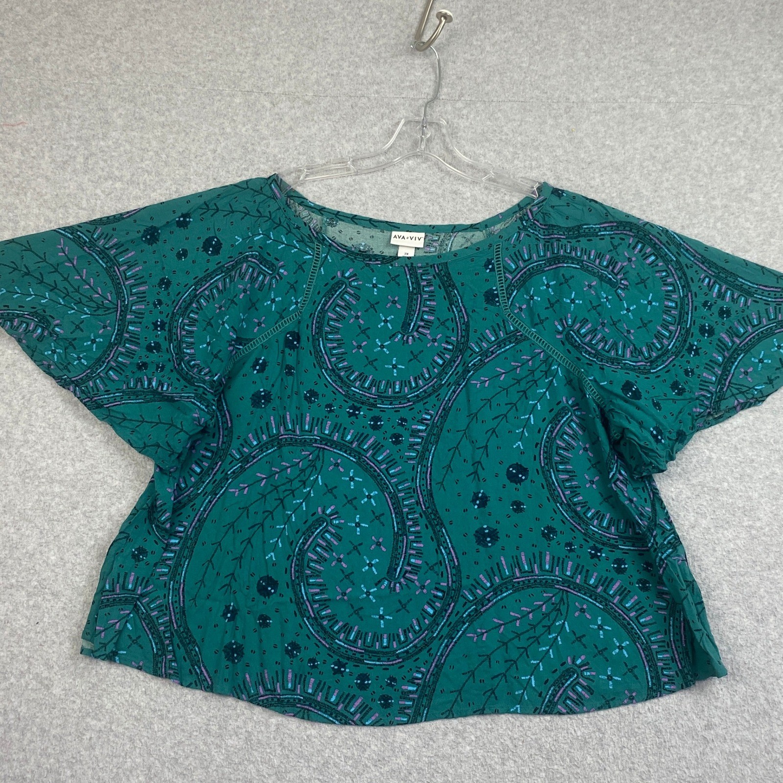 Ava & Viv Top Womens Plus 2X Teal Swirl Flutter Sleeve Ladder Lace Boho Blouse