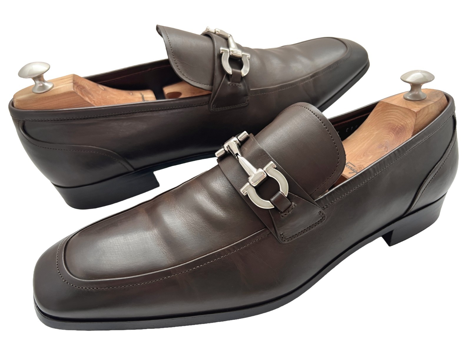 $1050 Ferragamo Mens LORENZO Brown Shoes Gancini Silver Bit Loafers 11.5 D