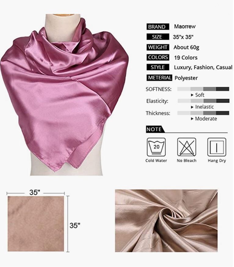 Large Square Satin Scarf Silk Feel Head Neck Wrap Solid Color Scarves Shawl 35″