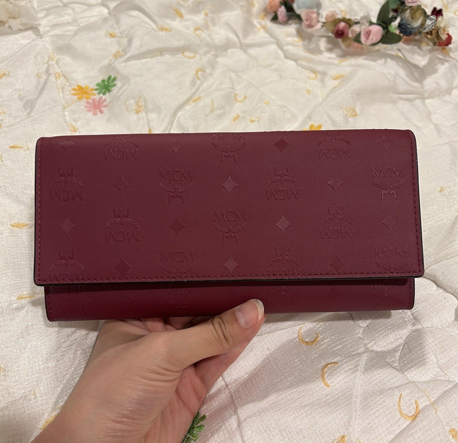 MCM Burgundy Embossed Monogram Leather Continental Flap Wallet NWOT