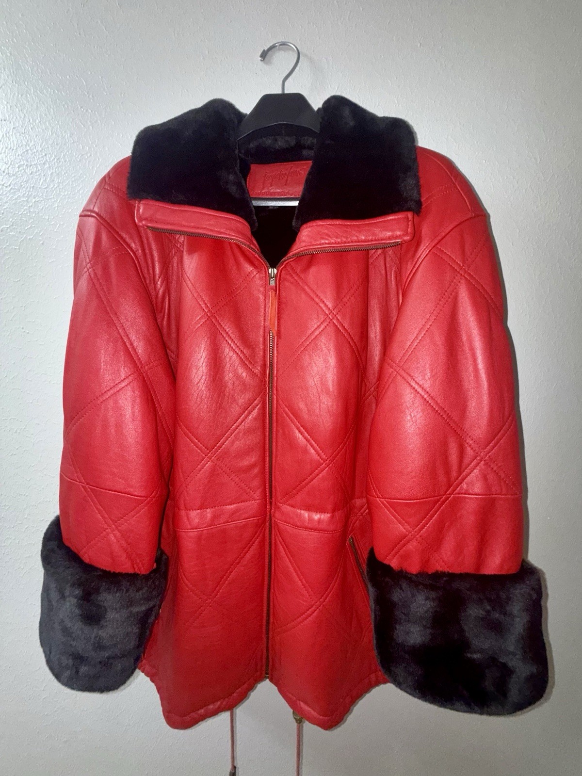 Vintage Jacqueline Ferrar XL Red Genuine Leather Coat Black Faux Fur Women’s