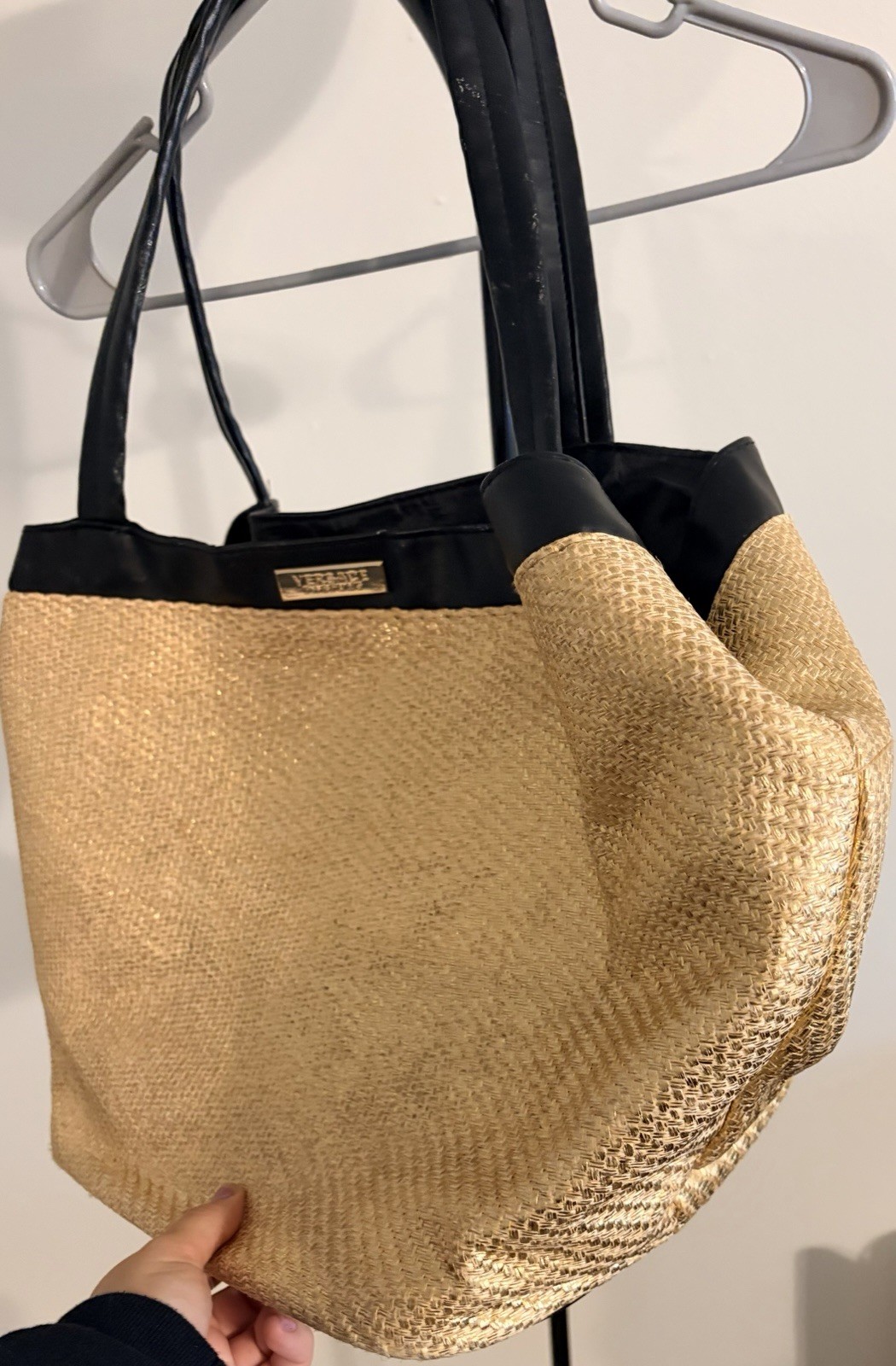 Versace Beige & Black Tote Bag Double Handles Magnetic Closure Pockets