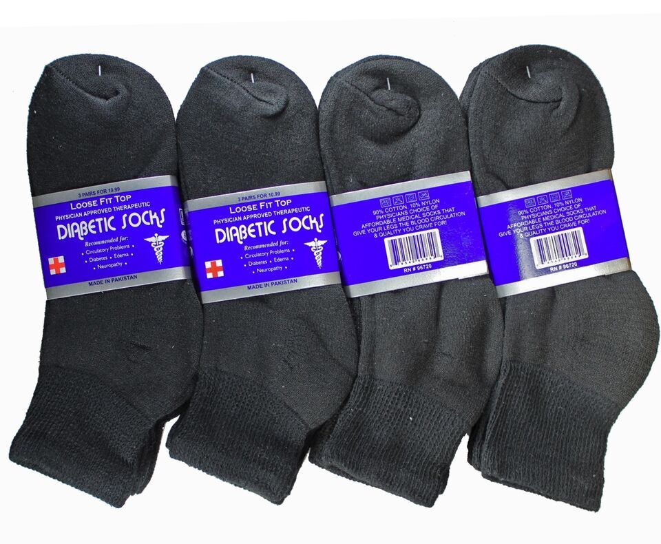 6 Pairs Black Diabetic Ankle Quarter Crew Socks Health Circulatory Cotton Men’s