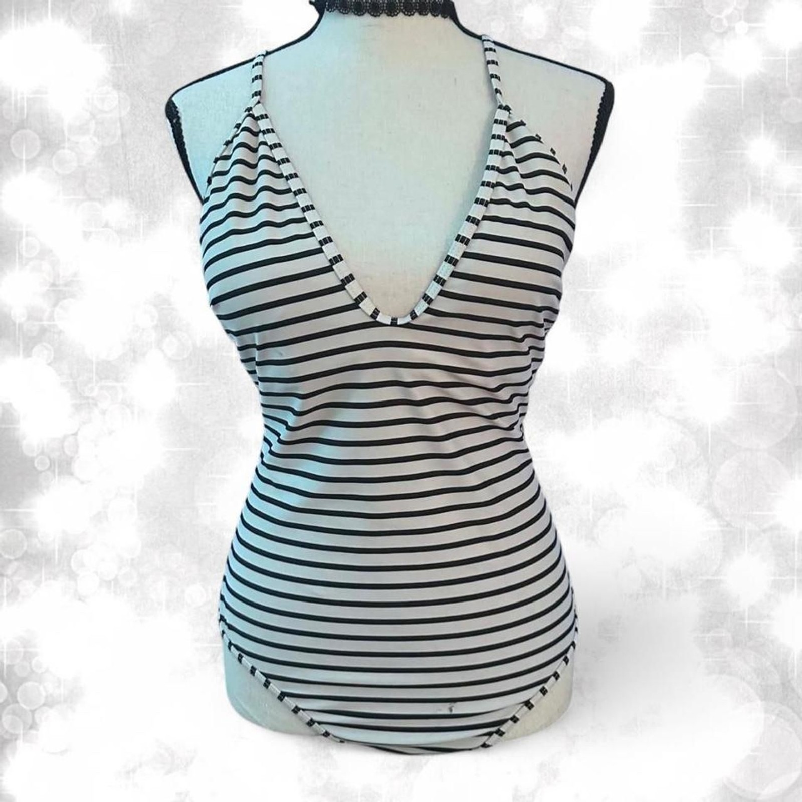 Gothic Style One Piece Black and White Striped Halter Top Swimsuit
